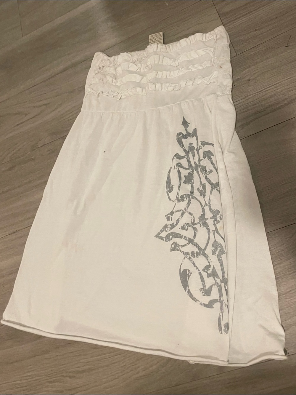 Marika White Strapless Mini Dress with Gray Print